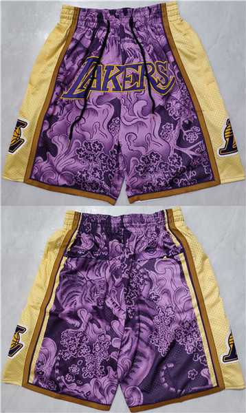 Mens Los Angeles Lakers Purple Yellow Shorts->nba shorts->NBA Jersey
